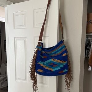 Blue and Brown Fringe Shoulder Bag